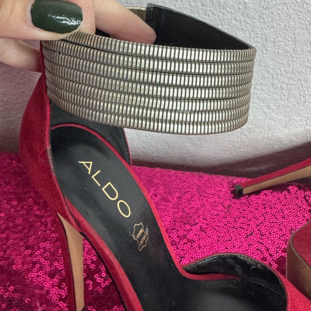 ALDO 🌹 Red Peep-Toe Stiletto Platform Heels, Golden Ankle Strap (Women’s Size 7) - Picture 9 of 14